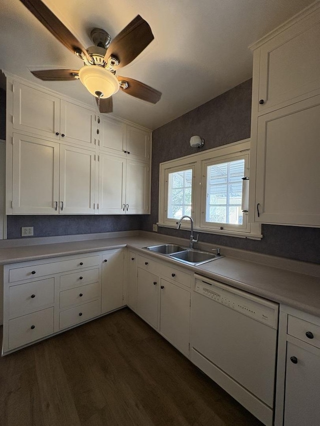 529 Pearl St, Ottawa, IL 61350 - kitchen featuring a ceiling fan, dark wood-type flooring, white cabinetry, a sink, and white dishwasher