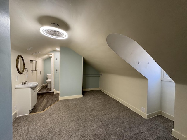 529 Pearl St, Ottawa, IL 61350 - additional living space with a sink, baseboards, dark colored carpet, and vaulted ceiling