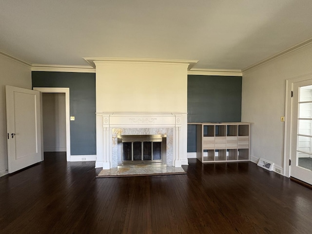 529 Pearl St, Ottawa, IL 61350 - unfurnished living room featuring baseboards, a fireplace, wood finished floors, and ornamental molding