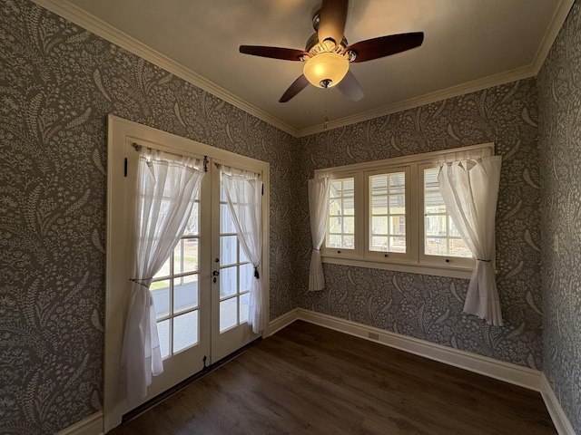 529 Pearl St, Ottawa, IL 61350 - doorway featuring french doors, dark wood-type flooring, baseboards, wallpapered walls, and ornamental molding
