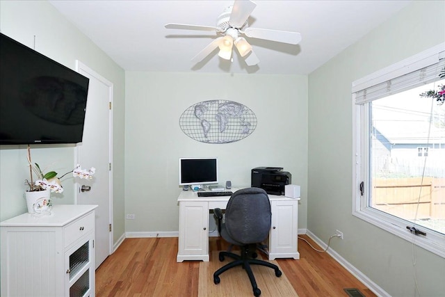 office with light wood finished floors, a ceiling fan, visible vents, and baseboards