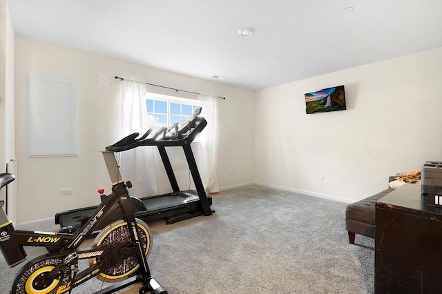 workout room with baseboards and carpet floors