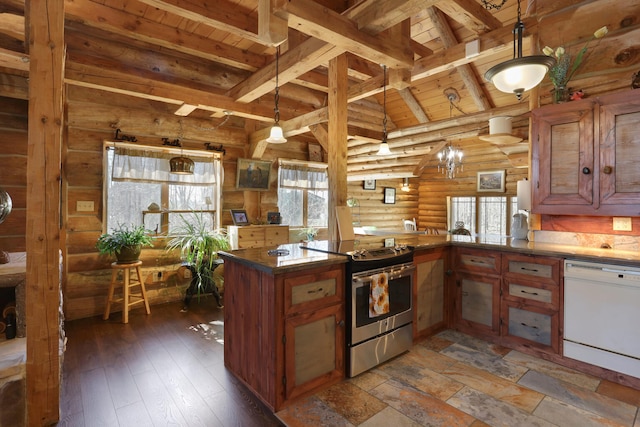 2655 County Road 550 E, Mahomet, IL 61853 - kitchen featuring lofted ceiling with beams, stainless steel electric range oven, rustic walls, white dishwasher, and wooden ceiling