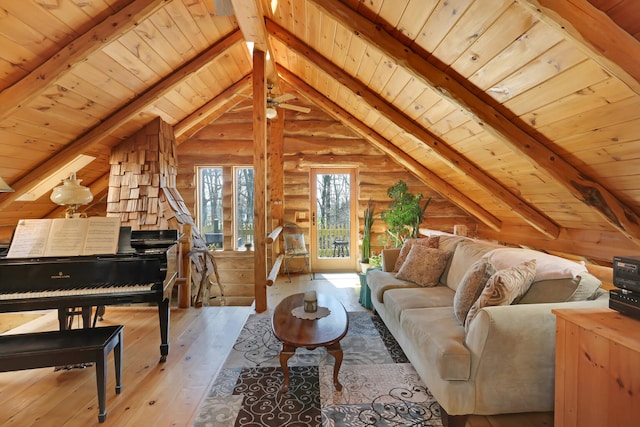 2655 County Road 550 E, Mahomet, IL 61853 - living area featuring hardwood / wood-style floors, wooden ceiling, vaulted ceiling with beams, and log walls