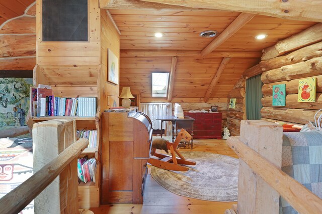 2655 County Road 550 E, Mahomet, IL 61853 - interior space featuring rustic walls, wooden ceiling, and wood-type flooring