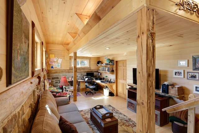2655 County Road 550 E, Mahomet, IL 61853 - home office with light wood-style flooring, wood walls, and wood ceiling