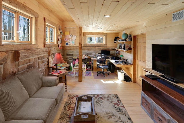 2655 County Road 550 E, Mahomet, IL 61853 - office area featuring light wood-style flooring, wooden ceiling, wood walls, and visible vents
