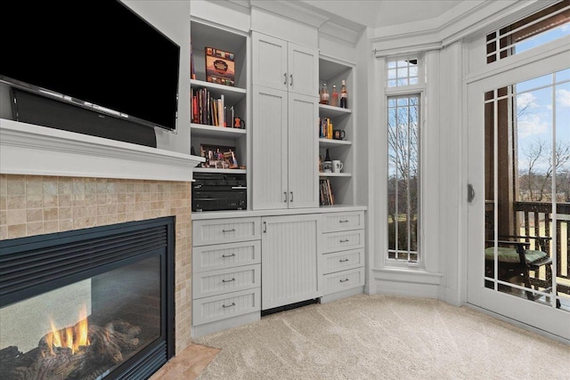 spacious closet featuring light carpet and a fireplace with flush hearth