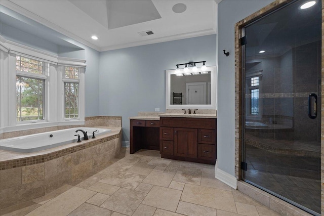 bathroom with vanity, crown molding, a shower stall, visible vents, and a bath
