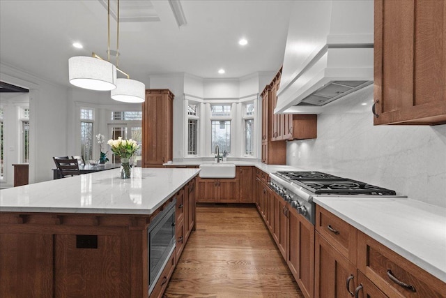 kitchen featuring brown cabinets, premium range hood, appliances with stainless steel finishes, a sink, and light wood-style floors