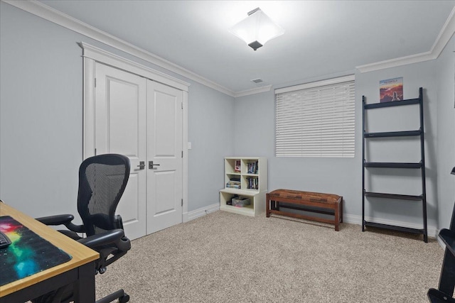 office area with visible vents, crown molding, carpet, and baseboards