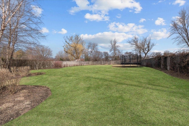 view of yard with a fenced backyard and a trampoline