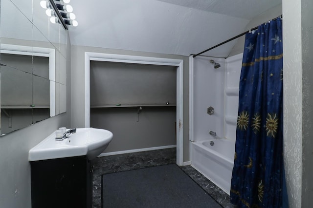 201 E Boundary St, Stanford, IL 61774 - full bathroom with shower / tub combo with curtain, vanity, and lofted ceiling