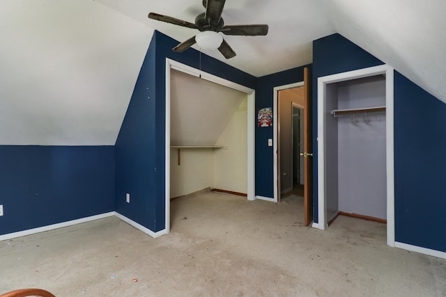 201 E Boundary St, Stanford, IL 61774 - bonus room featuring vaulted ceiling, carpet, a ceiling fan, and baseboards
