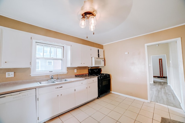 245 E 4th Ave, Clifton, IL 60927 - kitchen with ornamental molding, a sink, white appliances, white cabinetry, and a ceiling fan