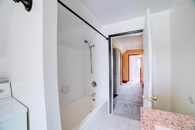 245 E 4th Ave, Clifton, IL 60927 - bathroom with shower / washtub combination, tile patterned floors, washer / dryer, and vaulted ceiling