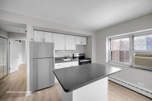 4970 N Marine Dr Unit 526, Chicago, IL 60640 - kitchen featuring white cabinets, a baseboard radiator, stainless steel appliances, dark countertops, and a sink