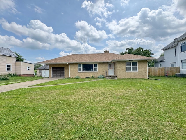 321 1st St, Bradford, IL 61421 - ranch-style home with driveway, an attached garage, a chimney, and brick siding