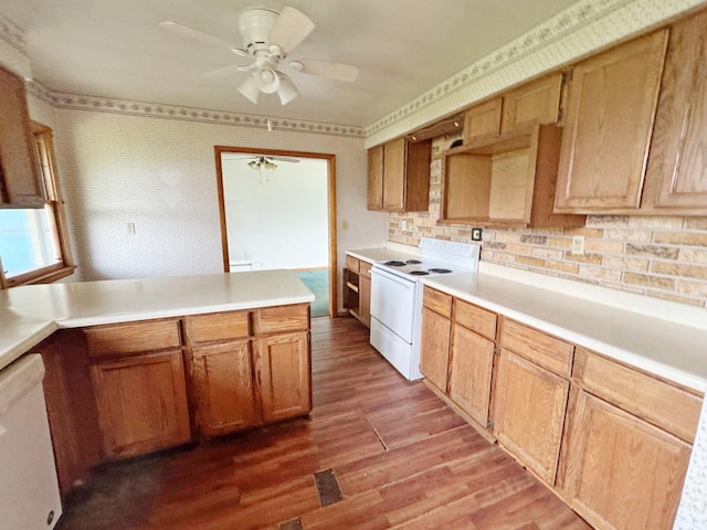 321 1st St, Bradford, IL 61421 - kitchen featuring white appliances, wood finished floors, ceiling fan, light countertops, and wallpapered walls