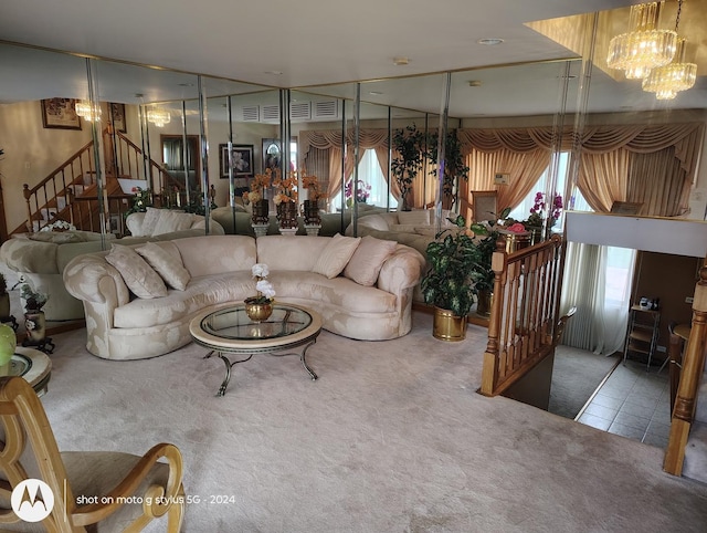 8550 S Avalon Ave, Chicago, IL 60619 - carpeted living room with plenty of natural light, a chandelier, and stairway