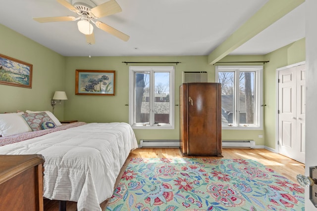17864 Gladville Ave, Homewood, IL 60430 - bedroom with a wall mounted air conditioner, wood finished floors, a baseboard heating unit, a baseboard radiator, and ceiling fan