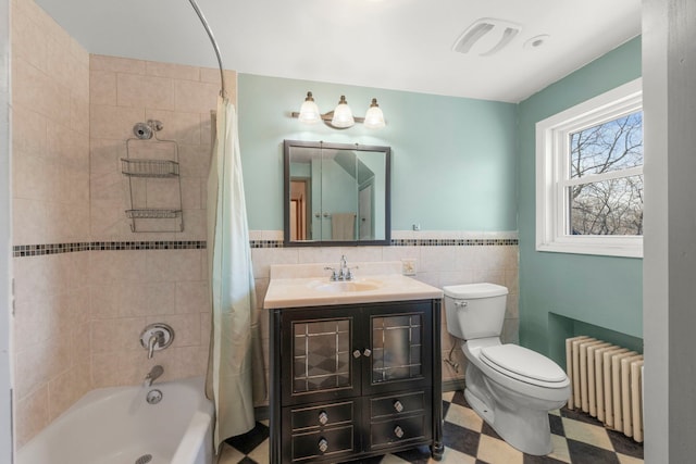 17864 Gladville Ave, Homewood, IL 60430 - bathroom with tile patterned floors, toilet, visible vents, radiator heating unit, and shower / bathtub combination with curtain