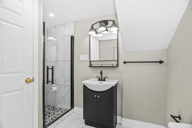 230 Dodge Ave Unit D, Evanston, IL 60202 - bathroom featuring marble finish floor, vanity, a marble finish shower, and baseboards