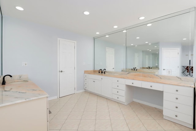 full bath featuring tile patterned flooring, baseboards, vanity, and recessed lighting