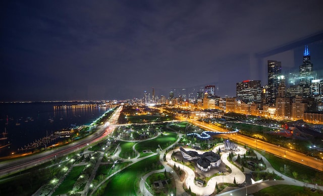 aerial view at night of a view of city lights