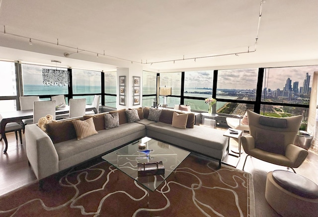 living area with rail lighting and a view of city