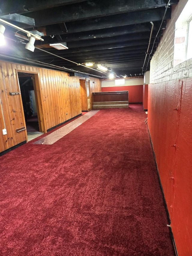finished below grade area with wood walls and carpet floors