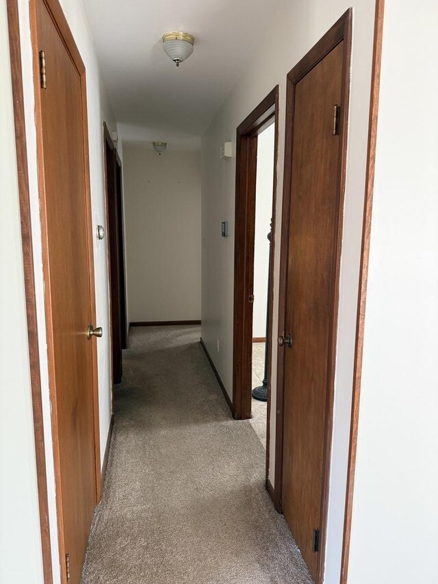 corridor featuring baseboards and light colored carpet