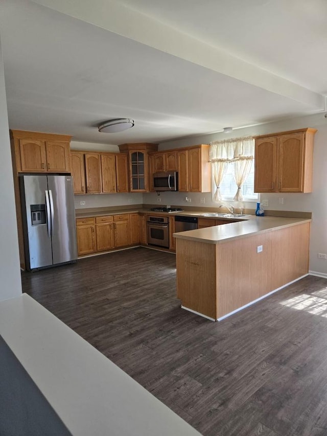 kitchen with a peninsula, light countertops, dark wood finished floors, and stainless steel appliances