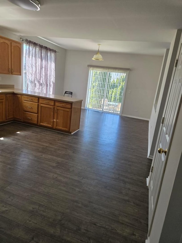 kitchen featuring a peninsula, dark wood-style flooring, and light countertops