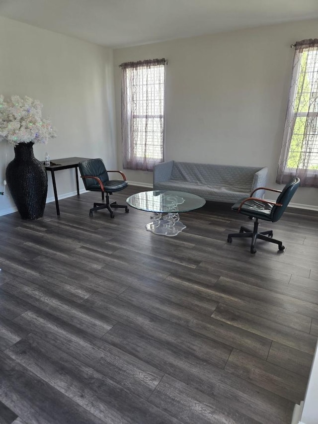 interior space with dark wood-type flooring and baseboards