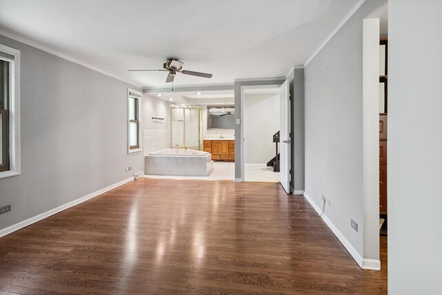 19049 S Parker Rd, Mokena, IL 60448 - unfurnished living room featuring a ceiling fan, wood finished floors, ornamental molding, and recessed lighting