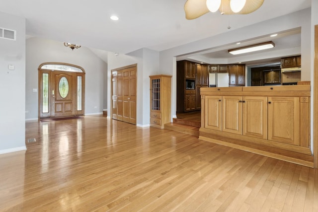 19049 S Parker Rd, Mokena, IL 60448 - entryway with light wood finished floors, vaulted ceiling, ceiling fan, and recessed lighting