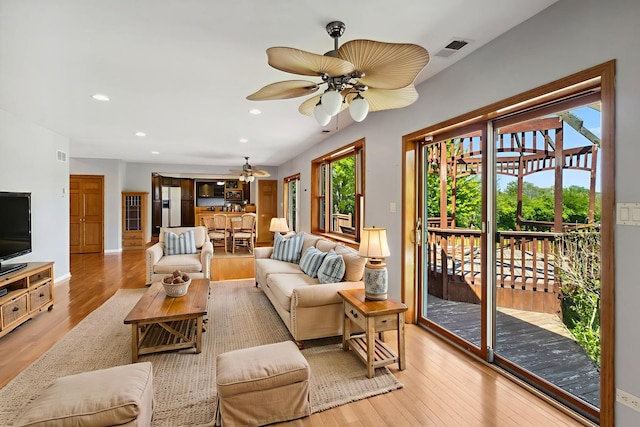 19049 S Parker Rd, Mokena, IL 60448 - living area featuring plenty of natural light, ceiling fan, light wood-type flooring, and recessed lighting