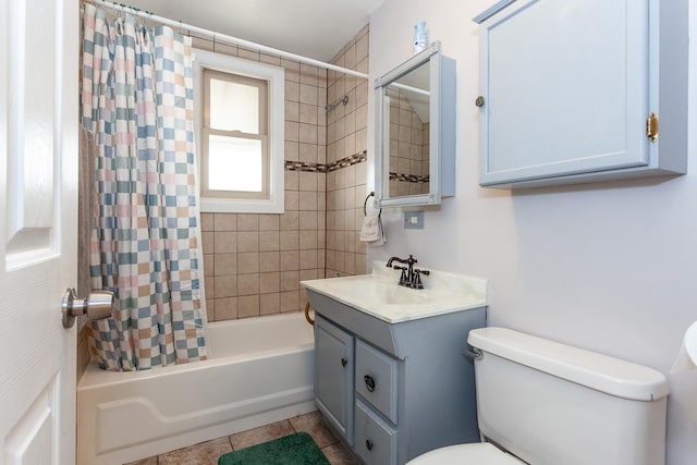 full bathroom featuring shower / bath combination with curtain, toilet, tile patterned floors, and vanity