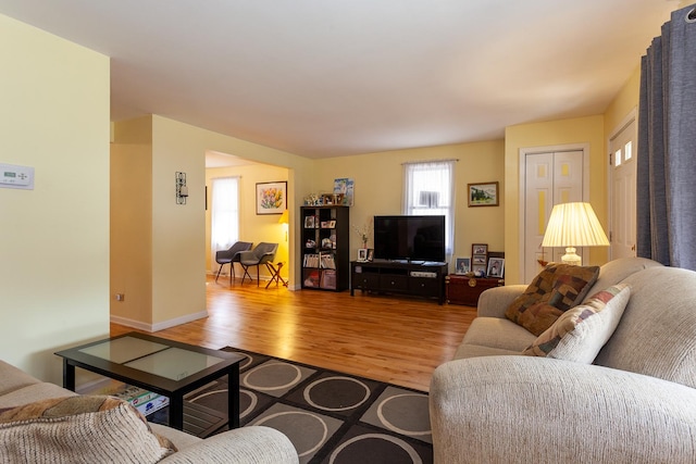 living room with baseboards and wood finished floors