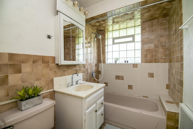 12332 S Harold Ave, Palos Heights, IL 60463 - bathroom featuring vanity, shower / washtub combination, toilet, radiator, and tile walls