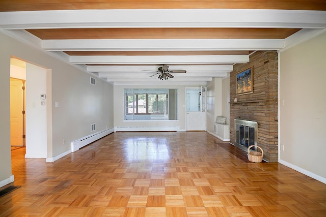 12332 S Harold Ave, Palos Heights, IL 60463 - unfurnished living room with beamed ceiling, a fireplace, visible vents, baseboard heating, and baseboards