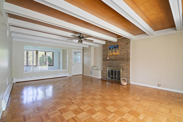 12332 S Harold Ave, Palos Heights, IL 60463 - unfurnished living room featuring ceiling fan, beamed ceiling, a fireplace, baseboard heating, and baseboards