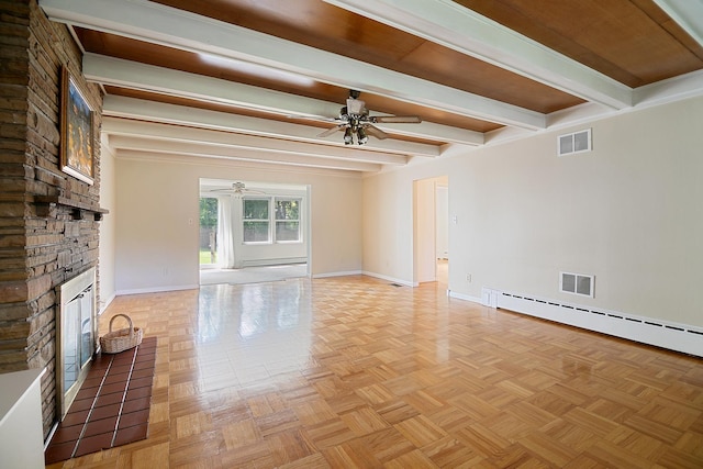 12332 S Harold Ave, Palos Heights, IL 60463 - unfurnished living room featuring baseboards, a large fireplace, visible vents, beamed ceiling, and ceiling fan