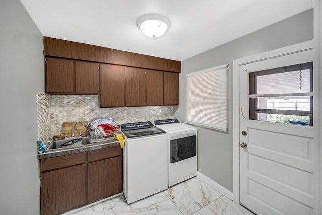 127 Tottenham Ln, Elk Grove Village, IL 60007 - laundry room featuring a sink, marble finish floor, cabinet space, and washer and clothes dryer