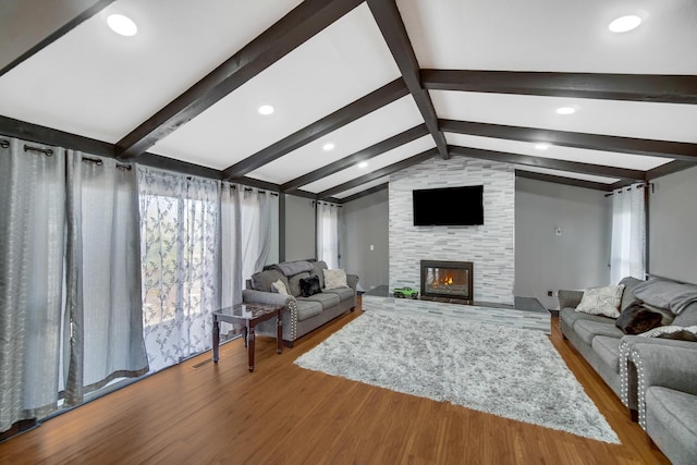 127 Tottenham Ln, Elk Grove Village, IL 60007 - living area featuring recessed lighting, a large fireplace, vaulted ceiling with beams, and wood finished floors