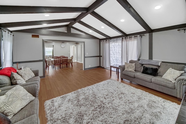 127 Tottenham Ln, Elk Grove Village, IL 60007 - living room featuring recessed lighting, vaulted ceiling with beams, and wood finished floors