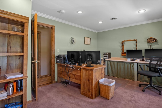 carpeted office with visible vents, ornamental molding, and recessed lighting