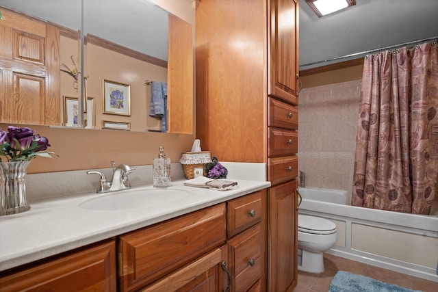 full bathroom with shower / bath combo, vanity, toilet, tile patterned floors, and ornamental molding