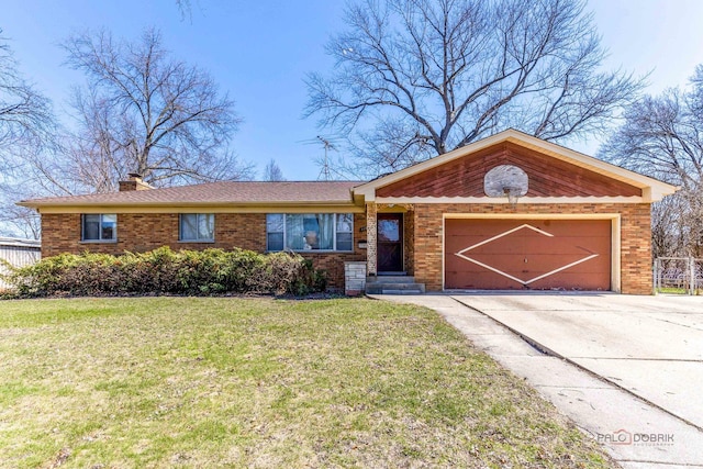 117 Audrey Ln, Mount Prospect, IL 60056 - ranch-style home featuring a chimney, a front lawn, concrete driveway, a garage, and brick siding